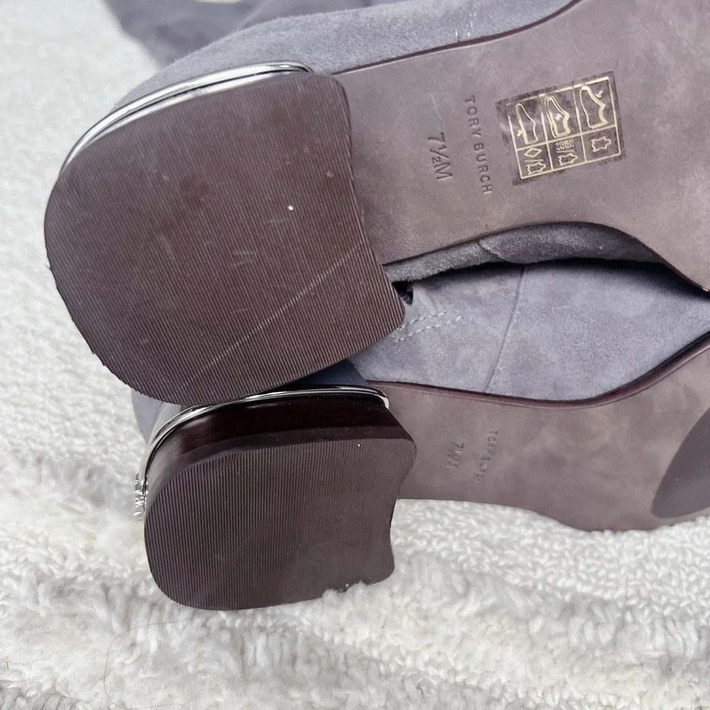 Tory Burch MULTI LOGO STRETCH Over The Knee Boots OTK Gray Suede Low Heel US 7.5